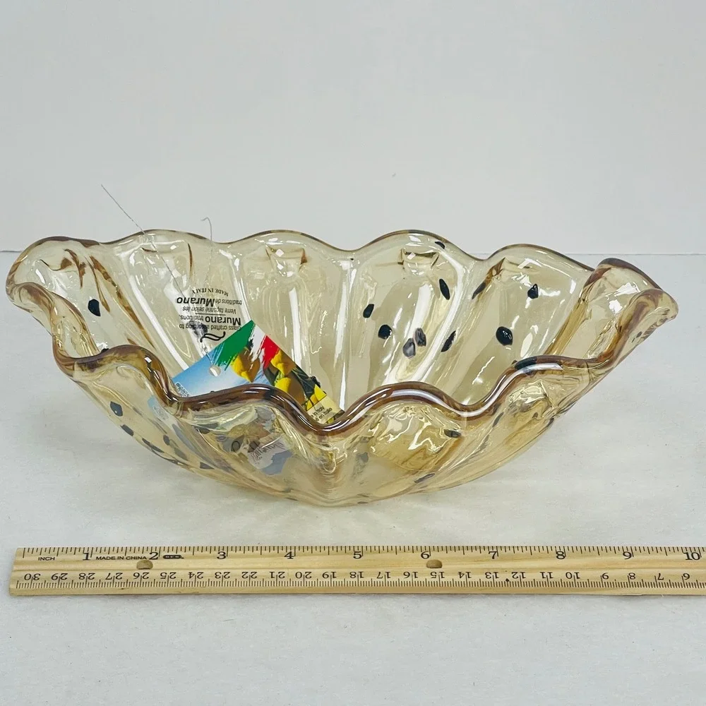 Tammaro Home Murano Glass Bowl Amber Speckled Ruffled Rim Made in Italy 10in
